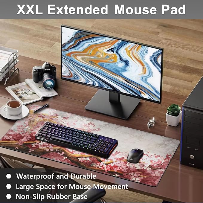 Mouse Pad, Large Blooming Sakura Desk Mat, Extended Non-Slip Gaming Keyboard