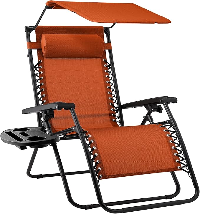 Best Choice Products Folding Zero Gravity Outdoor Recliner Patio Lounge Chair w/Adjustable Canopy Shade, Headrest, Side Accessory Tray, Textilene Mesh - Burnt Orange