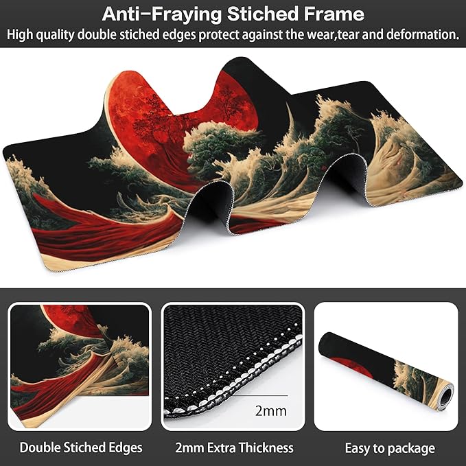 Red Moon Above The Sea Desk Mat, Large Chinese Style Landscape Gaming Keyboard