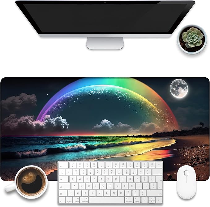 Desk Mat, Rainbow and Full Moon Desk Pad, Beach at Night Large Gaming Mouse Pad