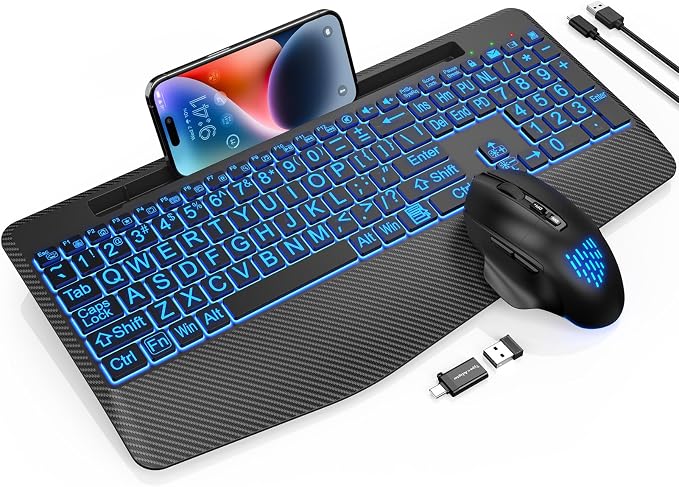 Wireless Keyboard and Mouse Backlits, Wrist Rest, LED Mouse, Rechargeable