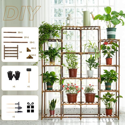 Uneedem Tall Shelf for Multiple Plants Indoor Outdoor 14 Tiers 16 Pot Holder Large Rack Wood Stand Shelves for Room Corner Balcony Garden Patio