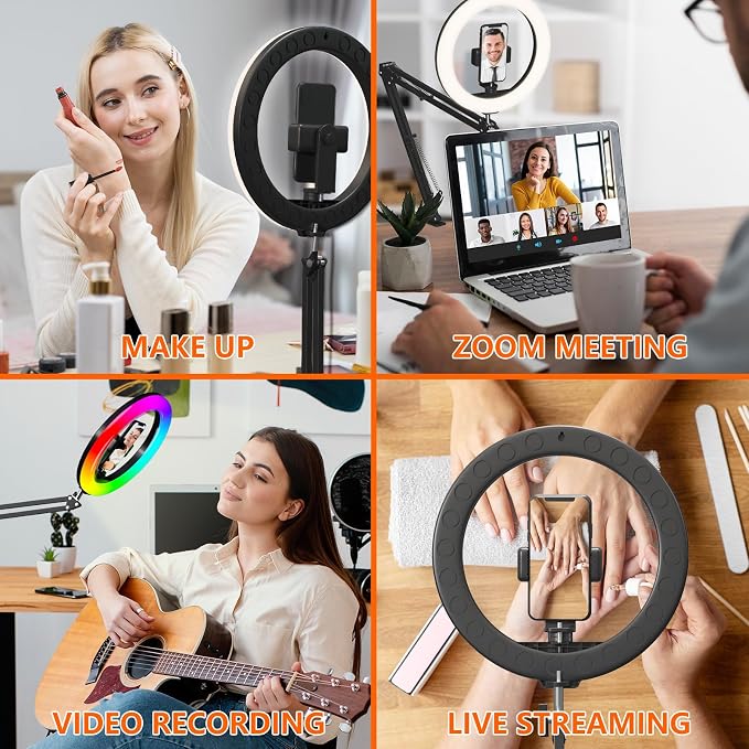 Overhead Phone Mount with Ring Light, 10’’ LED Selfie Light