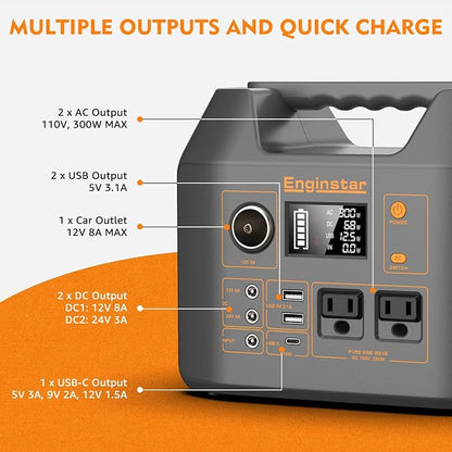 Enginstar Solar Generator, 296Wh Portable Power Station, 110V Pure Sine Wave