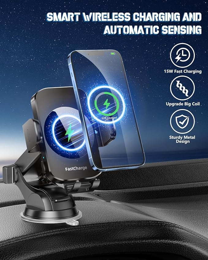 Wireless Car Charger, Fast Charging Phone Holder 3 in 1 Phone Mount Auto