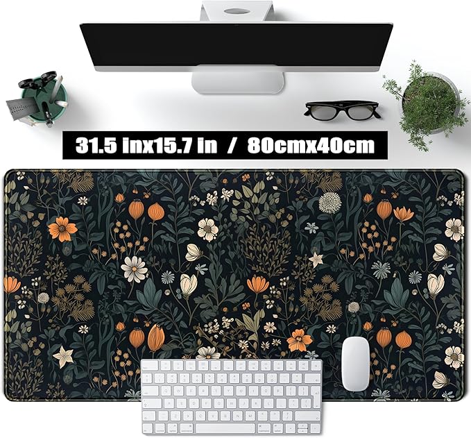 Cute Dark Floral Desk Mat Vintage Flowers Plant Mouse Pad XXL Large Extended