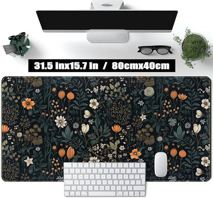 Cute Dark Floral Desk Mat Vintage Flowers Plant Mouse Pad XXL Large Extended