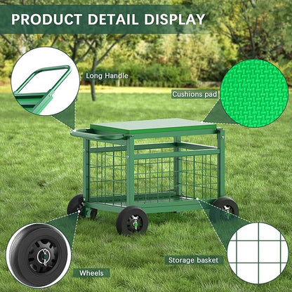 FLINTER Rolling Garden Work Seat with Wheels, Upgraded Heavy Duty Gardenning Cart with Seat - Garden Rolling Stools with Wheels for Seniors, Lawn, Patio & Backyard Gardening, Green