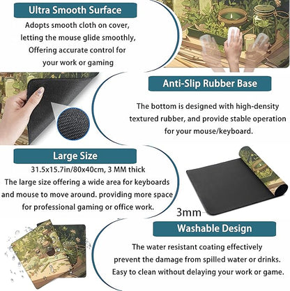 Cute Desk Mat Green Sage Mouse Pad Anime Forest XXL Large Extended Gaming