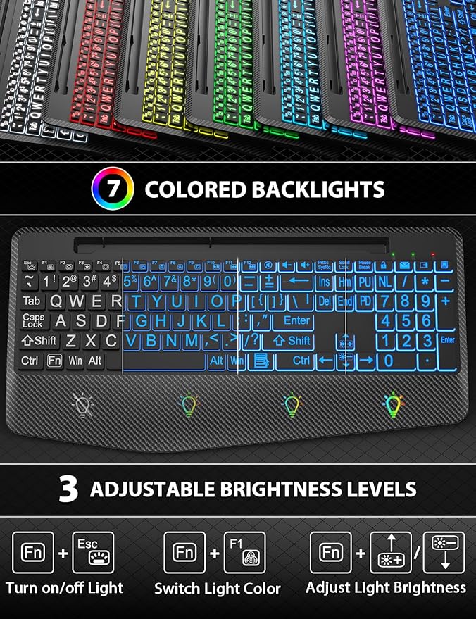 Wireless Keyboard and Mouse Backlits, Wrist Rest, LED Mouse, Rechargeable