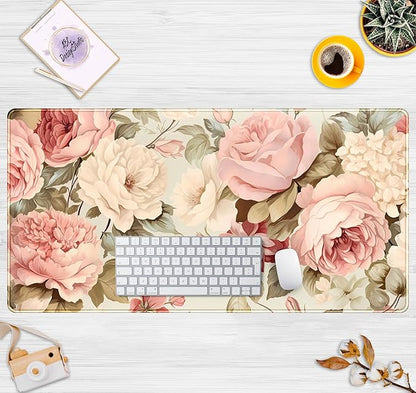 Cute Floral Desk Mat Pastel Roses Gaming Mouse Pad XXL Large Extended Flowers