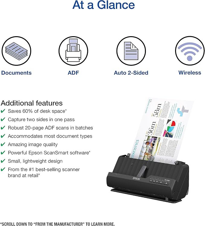 Epson - Workforce ES-C320W - Wireless Compact Desktop Document Scanner -