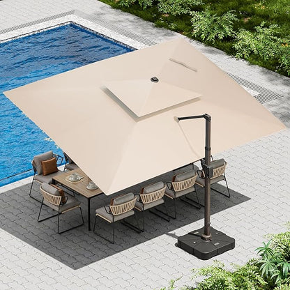 10 X 13 FT Cantilever Patio Umbrella with Led Lights and Base Included Outdoor Heavy Duty Double Top Rectangle Offset Umbrellas with 360-degree Rotation for Pool Deck Backyard, Beige