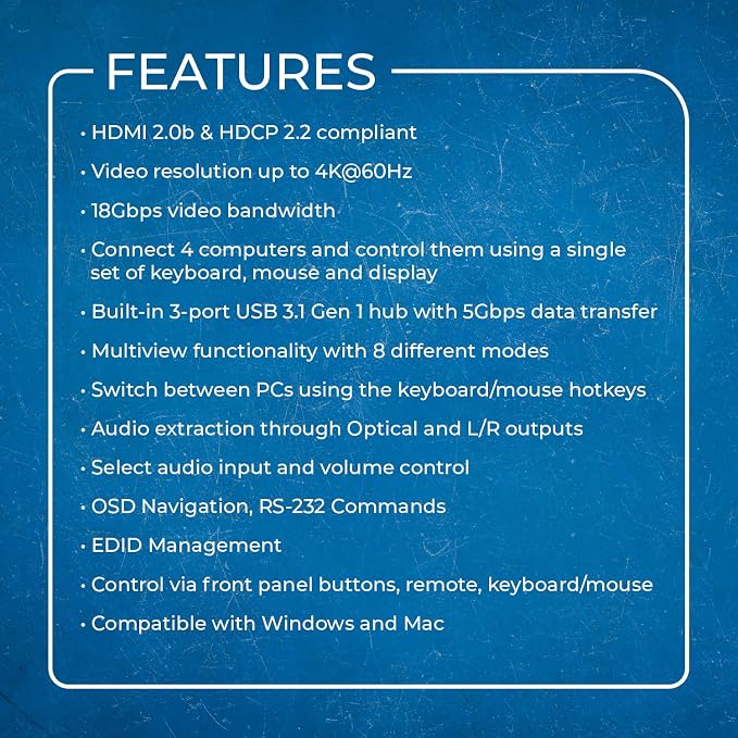 OREI 4x1 KVM HDMI Seamless Switch Multiviewer, Share Multiple Devices, Gaming