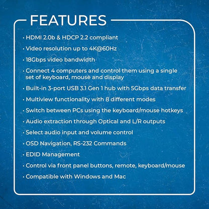 OREI 4x1 KVM HDMI Seamless Switch Multiviewer, Share Multiple Devices, Gaming