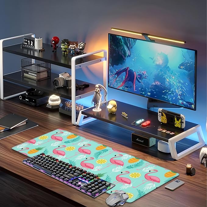 Pink Flamingo Desk Mat, Large Summer Flamingos Pineapples Tropical Leaves