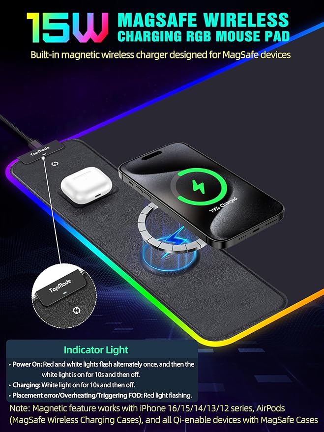 TopMade Wireless Charging RGB Mouse Pad, Waterproof Gaming Desk Pad