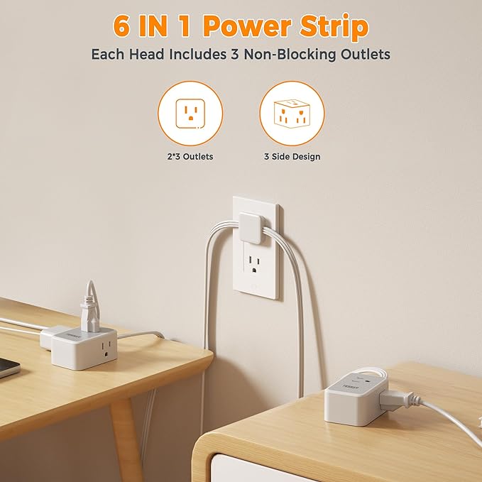 TESSAN Twin Extension Cord 12 FT, Double Ended Flat Plug Surge Protector Power