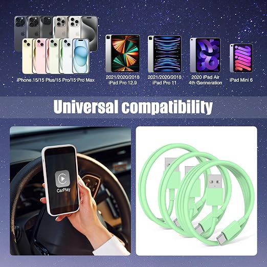 3-Pack Green USB A to USB C Cable，USB to USB C Car Carplay Cable