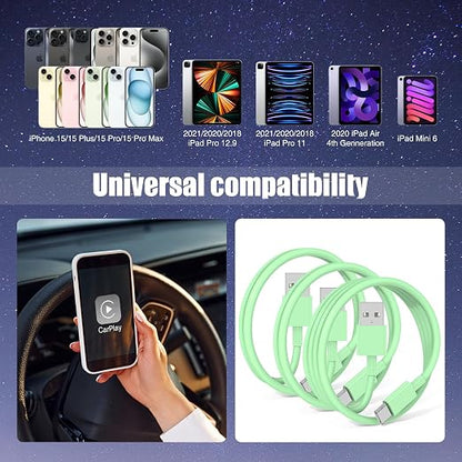 3-Pack Green USB A to USB C Cable，USB to USB C Car Carplay Cable