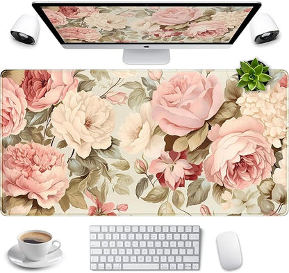 Cute Floral Desk Mat Pastel Roses Gaming Mouse Pad XXL Large Extended Flowers