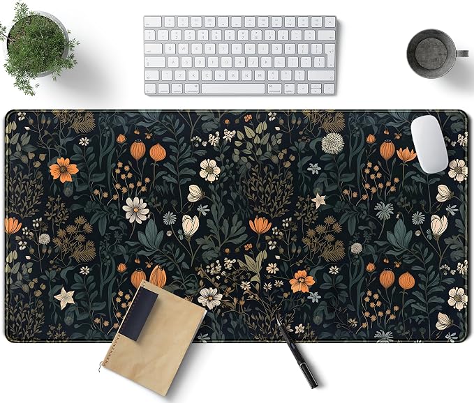 Cute Dark Floral Desk Mat Vintage Flowers Plant Mouse Pad XXL Large Extended