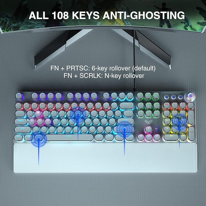 AULA F2088 Typewriter Style Mechanical Gaming Keyboard, Rainbow LED Backlit