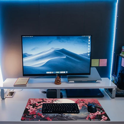 Pink Cherry Blossom Tree Desk Pad, Mountains and Sun Large Gaming Mouse Mat
