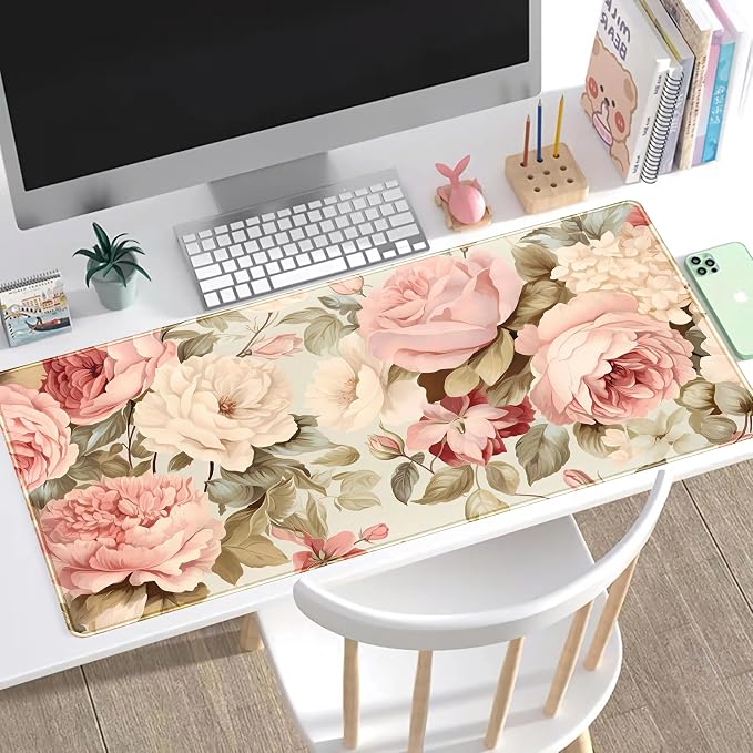 Cute Floral Desk Mat Pastel Roses Gaming Mouse Pad XXL Large Extended Flowers