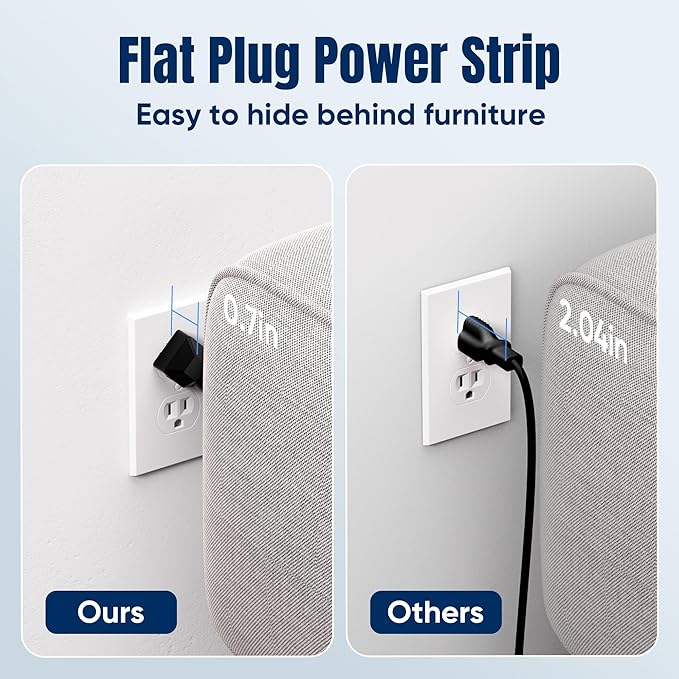 6 FT Flat Plug Surge Protector Power Strip, 11 Multiple AC Outlets