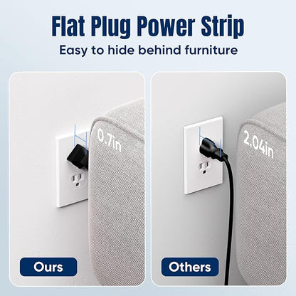6 FT Flat Plug Surge Protector Power Strip, 11 Multiple AC Outlets
