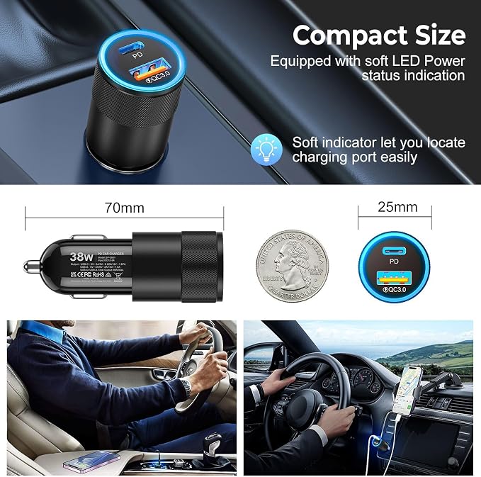 6 Pack USB C Car Charger, Ancekoy 38W Dual USB-C + USB-A Car Charger Adapter
