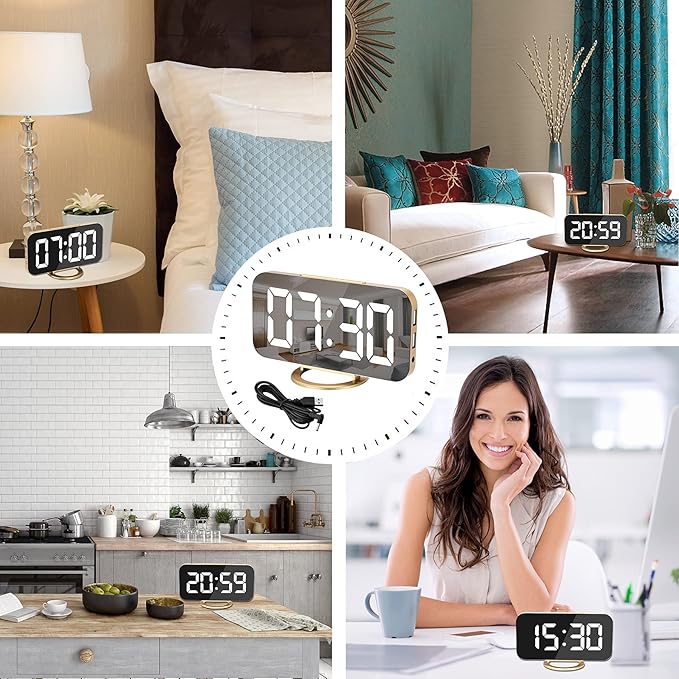 SZELAM Digital Alarm Clock, LED and Mirror Desk Clock Large Display,