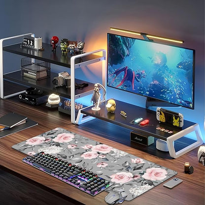 Pink Roses Desk Mat, Large Spring Blooming Flowers and Leaves Gaming Keyboard