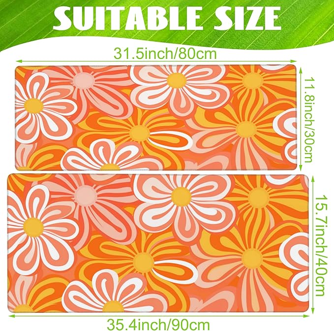 Desk Pad - Hippie Vintage Orange Flowers Desk Mat, Retro Floral Large Gaming