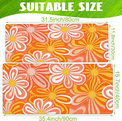 Desk Pad - Hippie Vintage Orange Flowers Desk Mat, Retro Floral Large Gaming