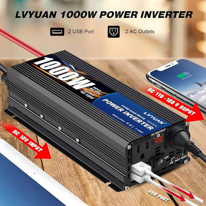 LVYUAN 1000 Watt Pure Sine Wave Power Inverter 12V to 110V/120V DC to AC