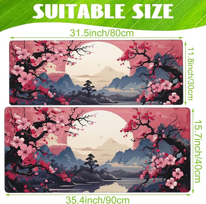 Pink Cherry Blossom Tree Desk Pad, Mountains and Sun Large Gaming Mouse Mat