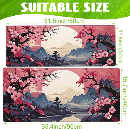 Pink Cherry Blossom Tree Desk Pad, Mountains and Sun Large Gaming Mouse Mat