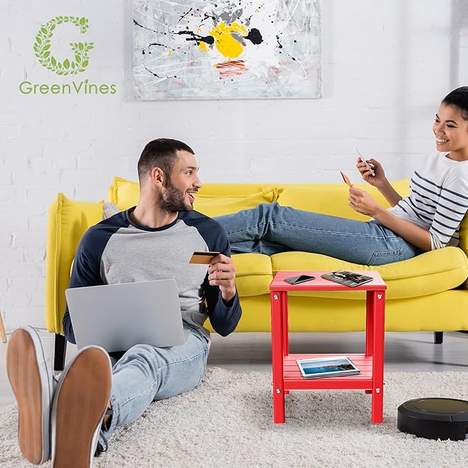 GREENVINES Outdoor Rocking Chair Set | 3-Piece | 2 Rocking Chairs with 1 Side Table | Porch Rocker | HDPE Plastic | Red | Patio Furniture Sets | High Back | Big & Tall | Ladder Back