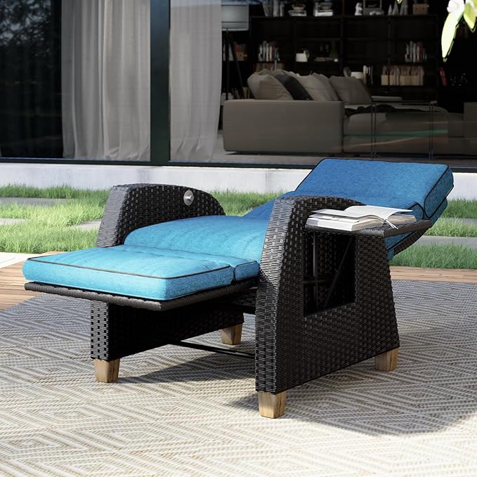 Grand patio Outdoor Reclining Chairs with Extended Footrest 2-Piece Adjustable Patio Wicker Lounge Recliner up to 150° with Flip Side Table Peacock Blue
