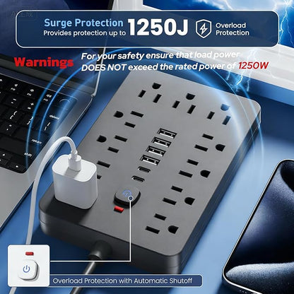 6 FT Flat Plug Surge Protector Power Strip, 11 Multiple AC Outlets