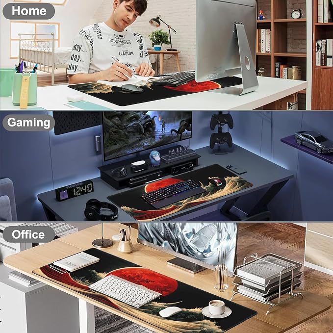 Red Moon Above The Sea Desk Mat, Large Chinese Style Landscape Gaming Keyboard