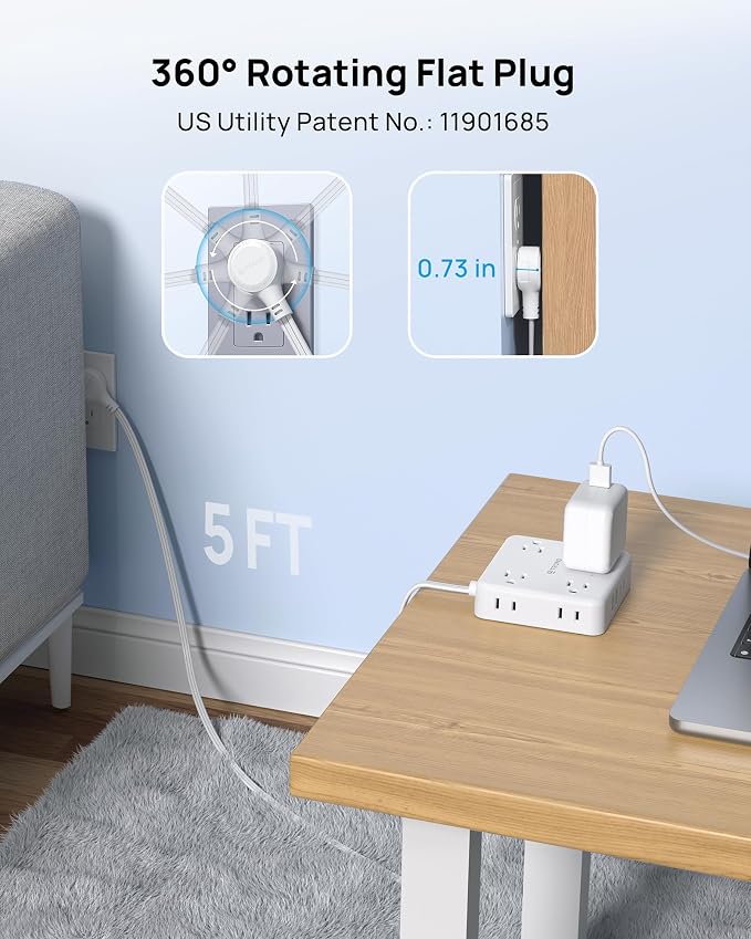 TROND 360° Rotating Plug Power Strip, 5FT Flat Extension Cord