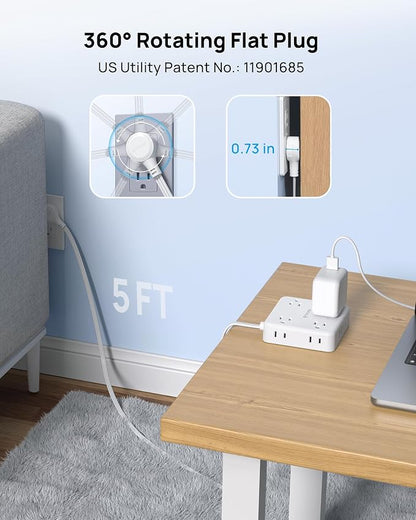TROND 360° Rotating Plug Power Strip, 5FT Flat Extension Cord