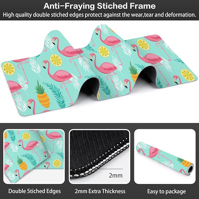 Pink Flamingo Desk Mat, Large Summer Flamingos Pineapples Tropical Leaves