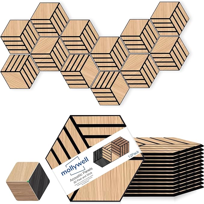 Mollywell Hexagon Acoustic Panels, Natural Oak TW4, 12 Pack |Wood Veneer|High