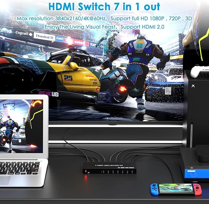 7 Way HDMI Switch 4k@60Hz HDMI Switcher 7 in 1 Out HDCP 2.0 Manual HDMI 2.0 Hub