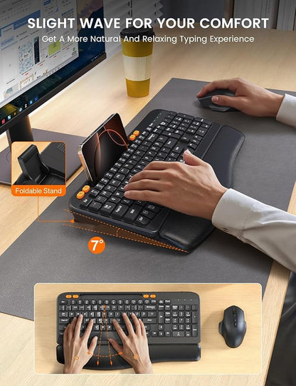 Wireless Keyboard and Mouse Combo, Ergonomic Wave Keys, Cushioned Plam Rest
