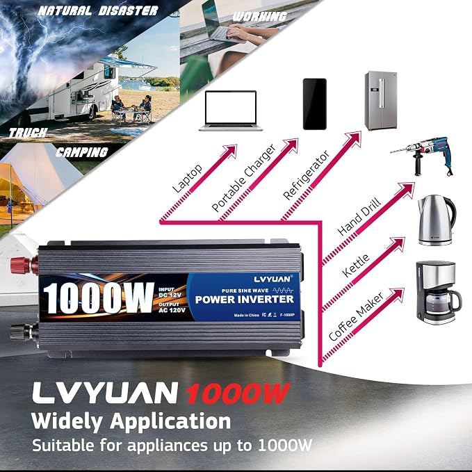 LVYUAN 1000 Watt Pure Sine Wave Power Inverter 12V to 110V/120V DC to AC